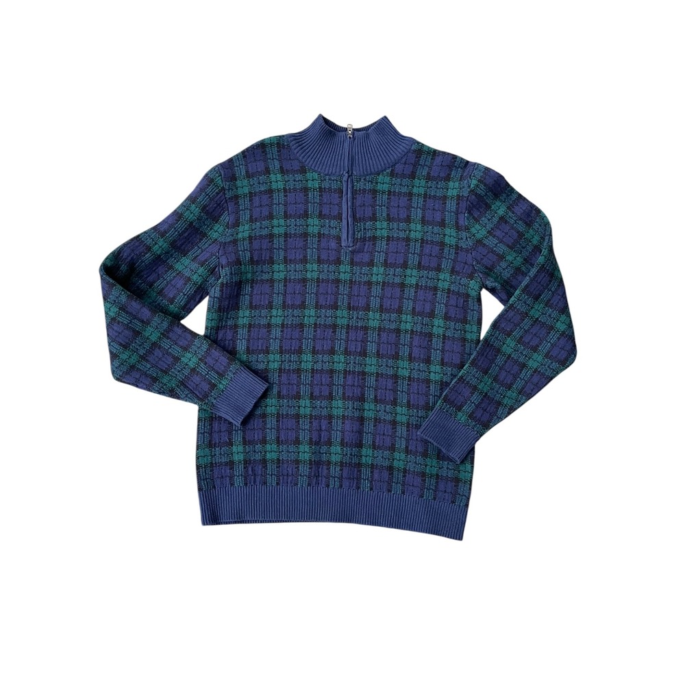 Janie and Jack Kids Plaid Quarter Zip Sweater Blue‎ Green Boys Girls Size 14